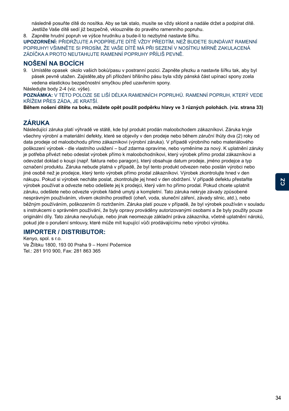 Nošení na bocích, Záruka, Importer / distributor | Cybex 2.GO User Manual | Page 38 / 44
