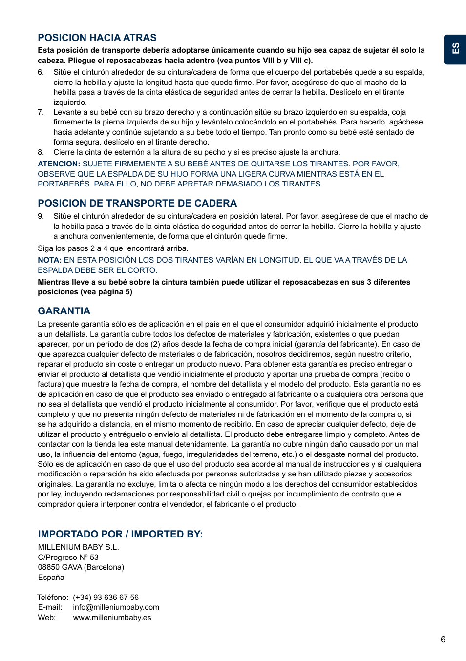 Posicion hacia atras, Garantia, Posicion de transporte de cadera | Importado por / imported by | Cybex 2.GO User Manual | Page 10 / 43