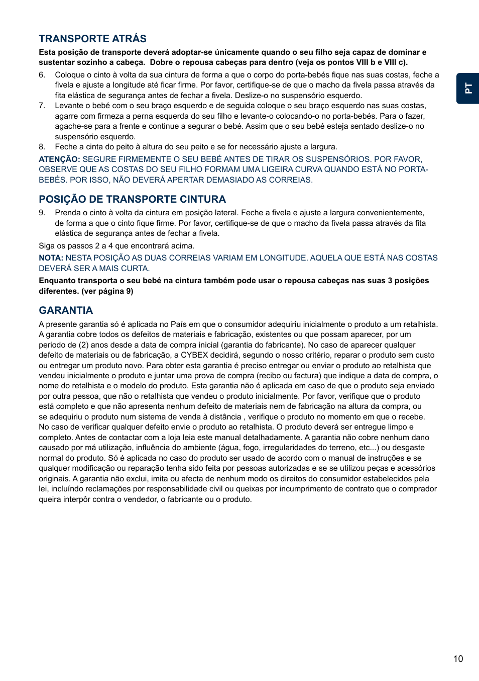 Transporte atrás, Posição de transporte cintura, Garantia | Cybex 2.GO User Manual | Page 14 / 43