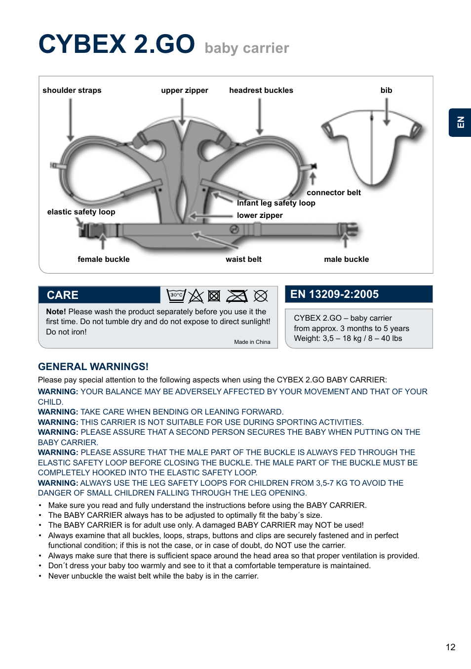 Cybex 2.go, Baby carrier, Care | Cybex 2.GO User Manual | Page 16 / 43