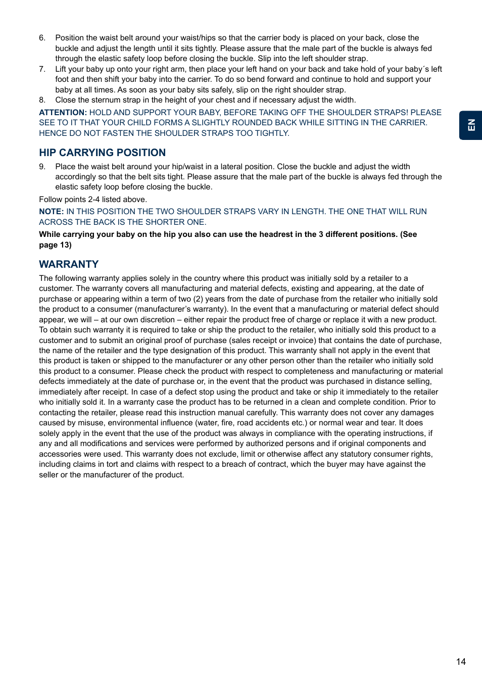Hip carrying position, Warranty | Cybex 2.GO User Manual | Page 18 / 43