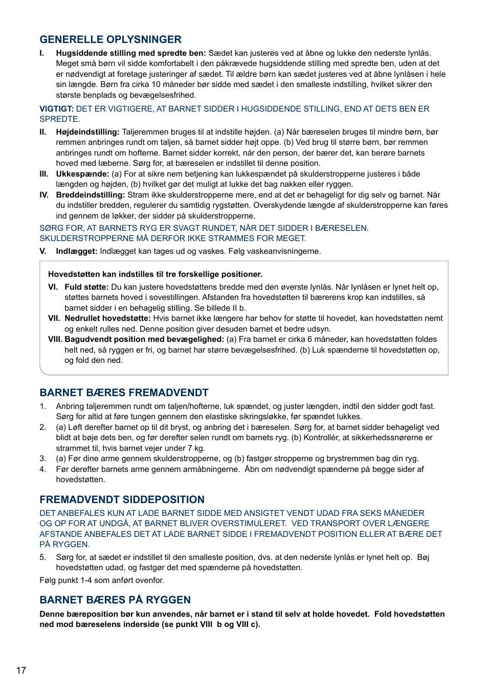 Barnet bæres på ryggen, Barnet bæres fremadvendt, Fremadvendt siddeposition | Generelle oplysninger | Cybex 2.GO User Manual | Page 21 / 43