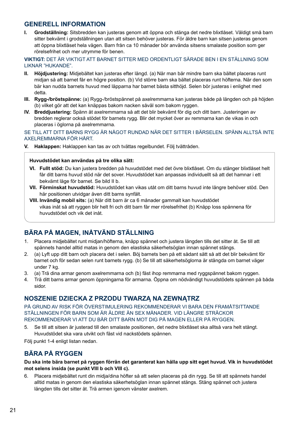 Bära på ryggen, Bära på magen, inåtvänd ställning, Noszenie dziecka z przodu twarzą na zewnątrz | Generell information | Cybex 2.GO User Manual | Page 25 / 43