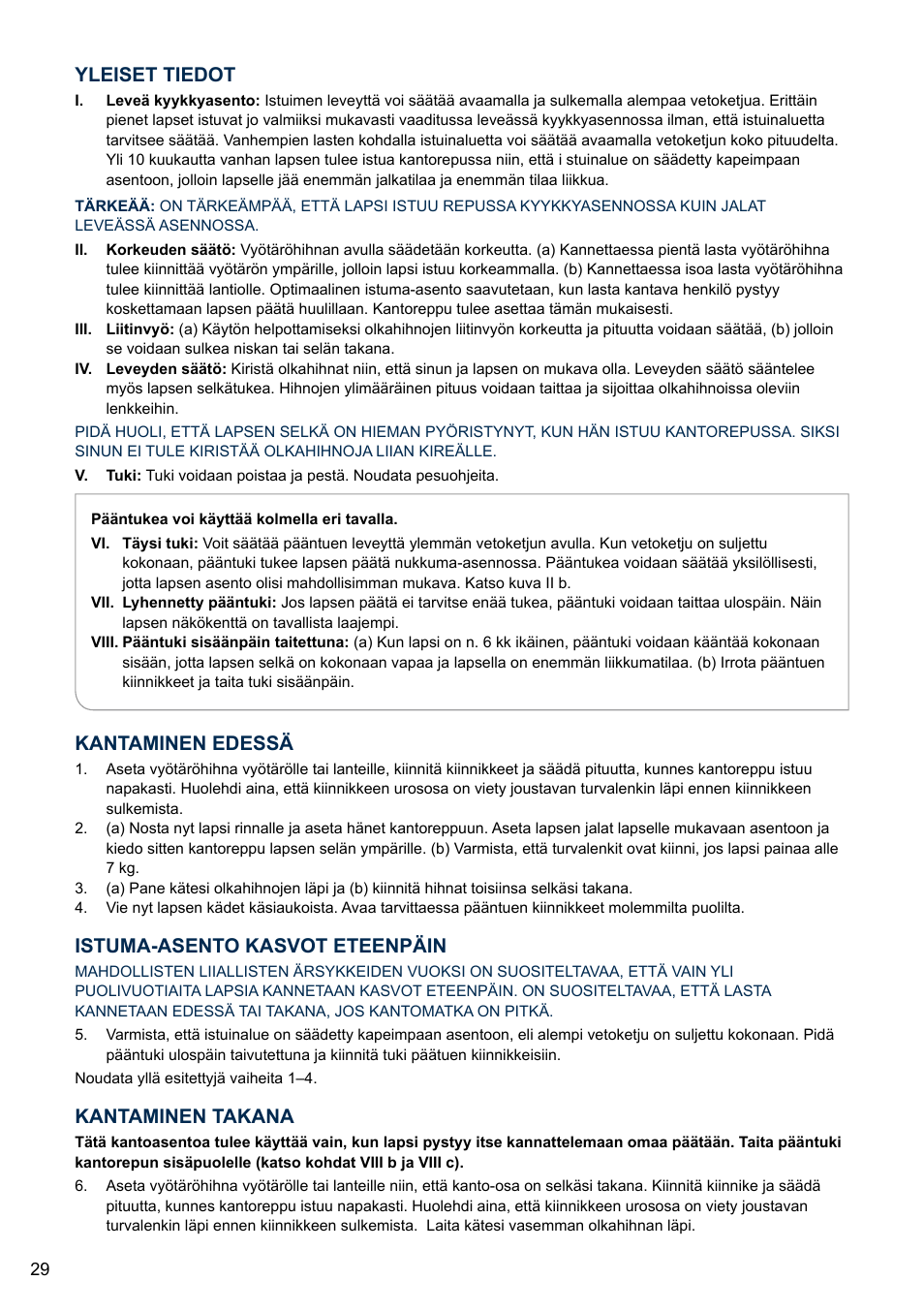 Kantaminen takana, Kantaminen edessä, Istuma-asento kasvot eteenpäin | Yleiset tiedot | Cybex 2.GO User Manual | Page 33 / 43