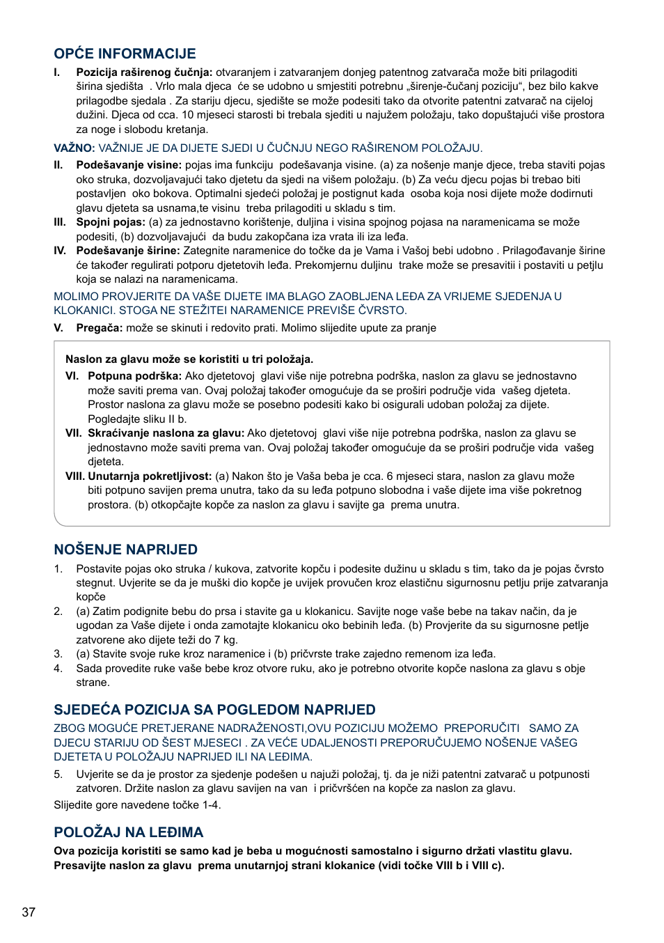 Položaj na leđima, Nošenje naprijed, Sjedeća pozicija sa pogledom naprijed | Opće informacije | Cybex 2.GO User Manual | Page 41 / 43
