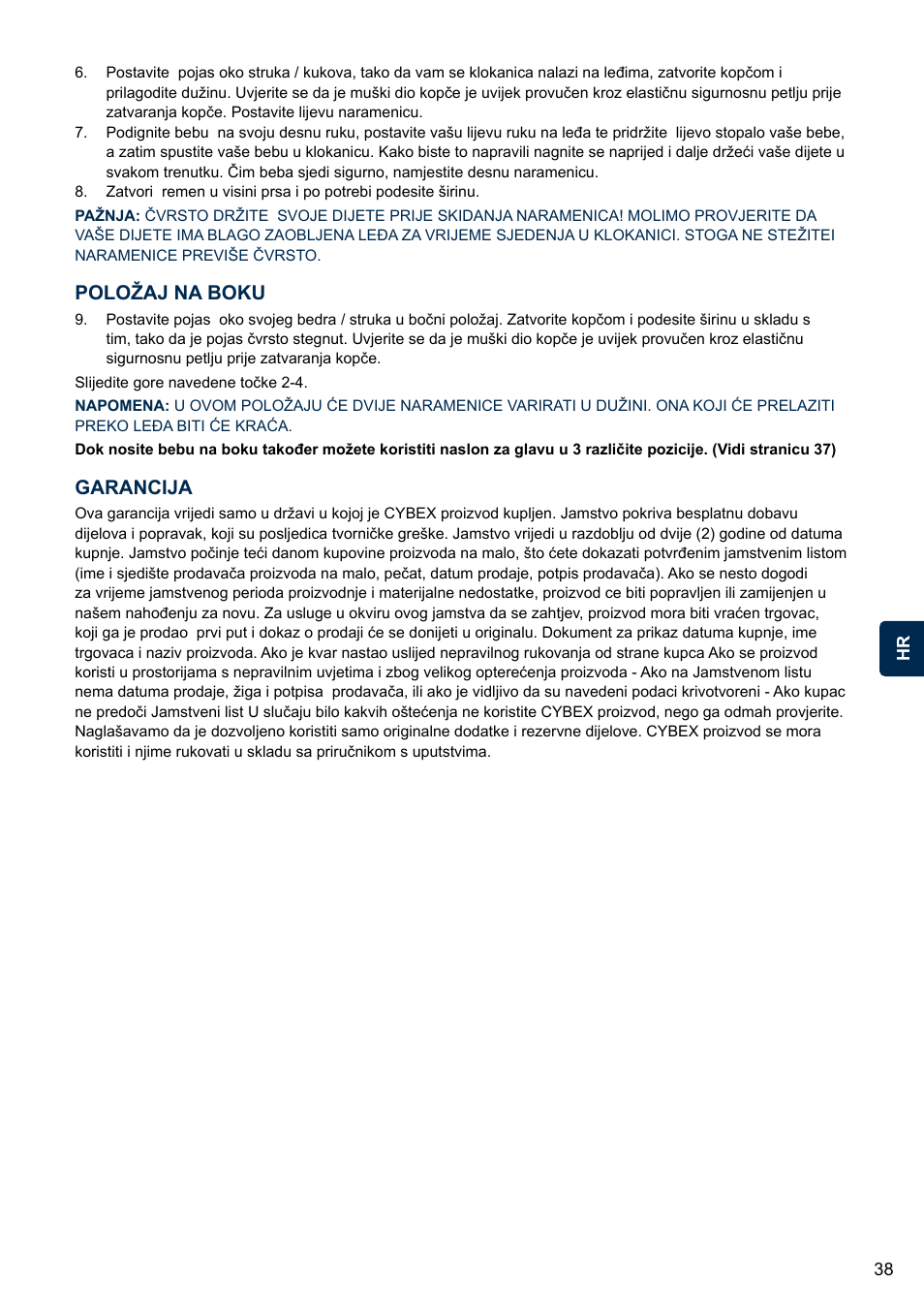 Položaj na boku, Garancija | Cybex 2.GO User Manual | Page 42 / 43