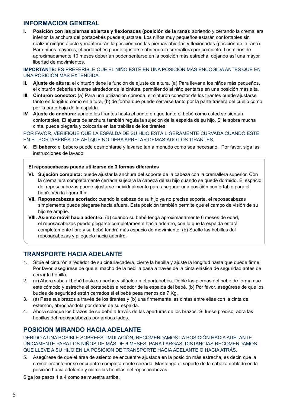 Transporte hacia adelante, Posicion mirando hacia adelante, Informacion general | Cybex 2.GO User Manual | Page 9 / 43