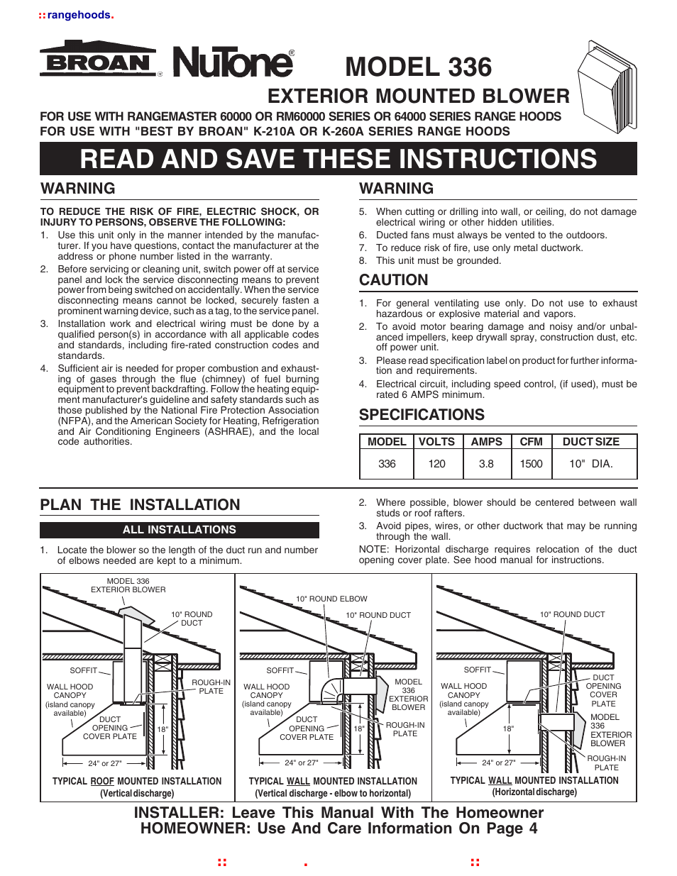 Broan NUTOAN 336 User Manual | 12 pages