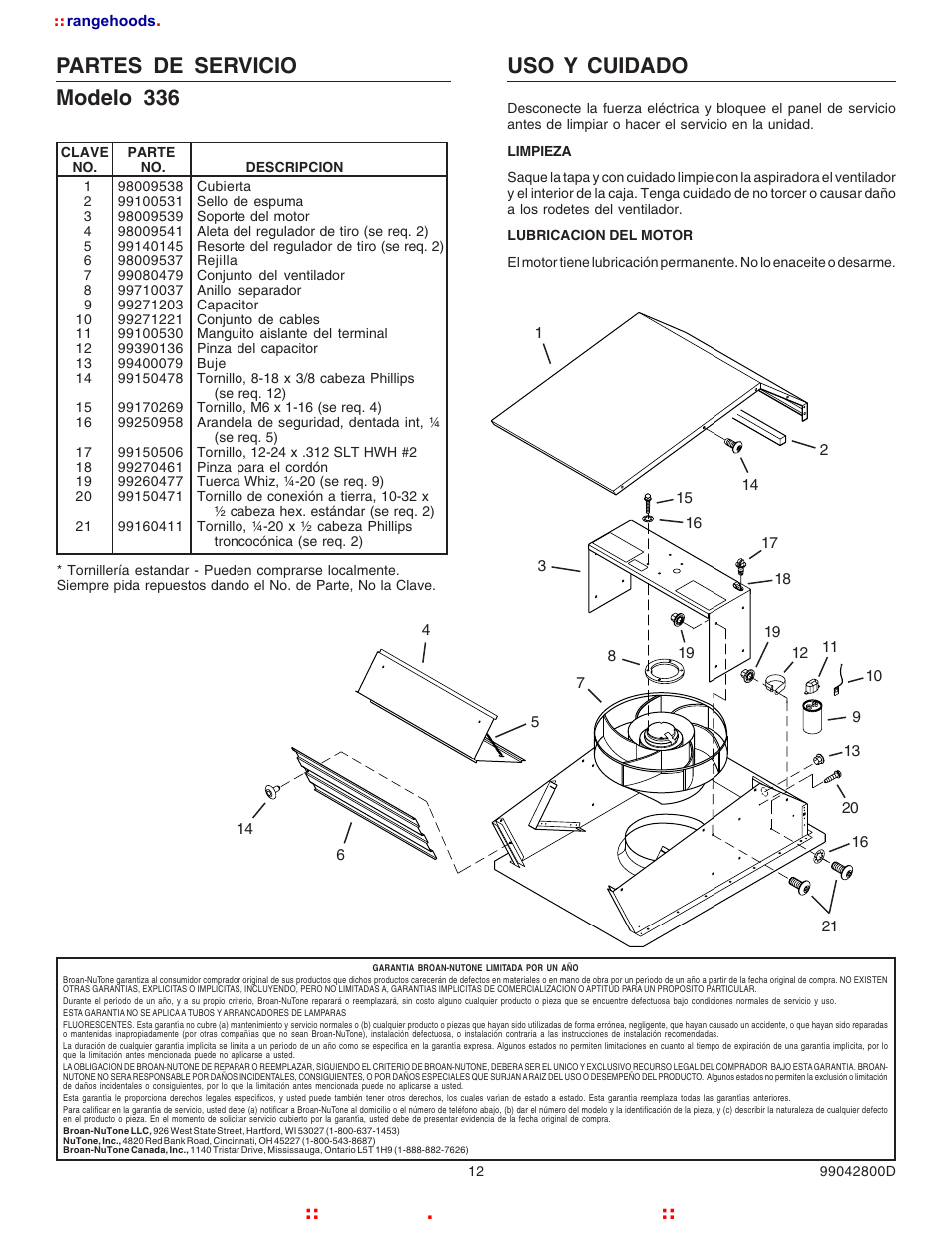 Uso y cuidado, Partes de servicio modelo 336, Rangehoods . com | Kitchen | Broan NUTOAN 336 User Manual | Page 12 / 12