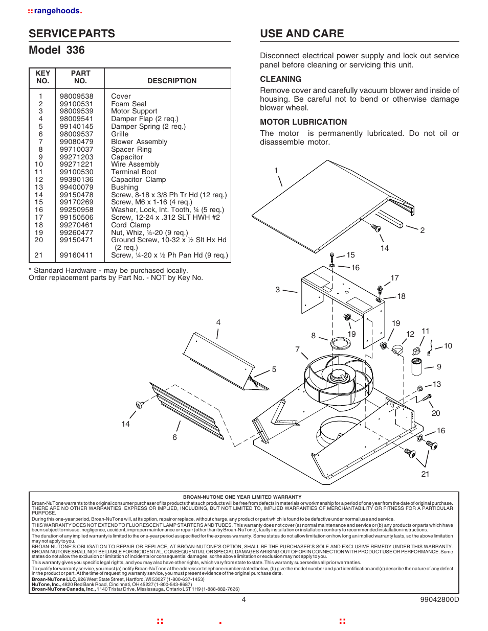 Use and care, Service parts model 336, Rangehoods . com | Kitchen | Broan NUTOAN 336 User Manual | Page 4 / 12