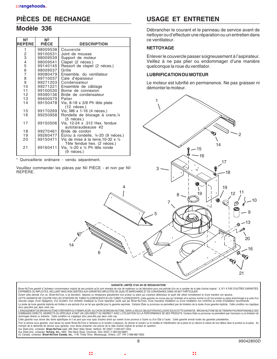 Usage et entretien, Pièces de rechange modèle 336, Rangehoods . com | Kitchen | Broan NUTOAN 336 User Manual | Page 8 / 12