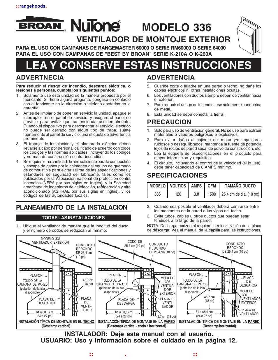 Lea y conserve estas instrucciones modelo 336, Ventilador de montoje exterior, Advertnecia | Precaucion, Specificaciones, Advertencia, Planeamiento de la instalacion, Rangehoods . com, Kitchen, Broan at | Broan NUTOAN 336 User Manual | Page 9 / 12