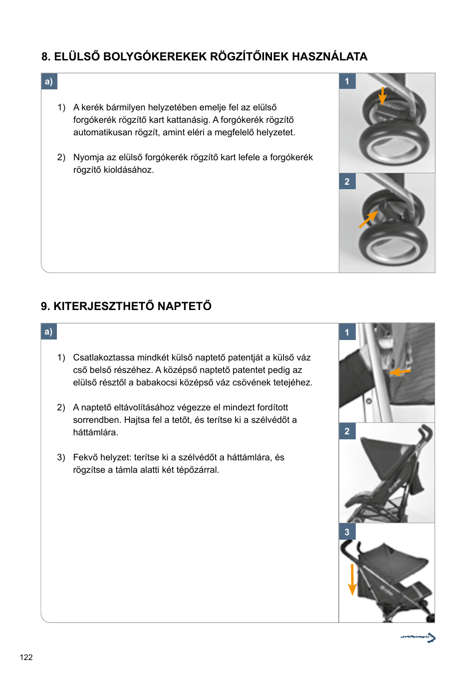 Kiterjeszthető naptető, Elülső bolygókerekek rögzítőinek használata | Cybex TWINYX User Manual | Page 122 / 168