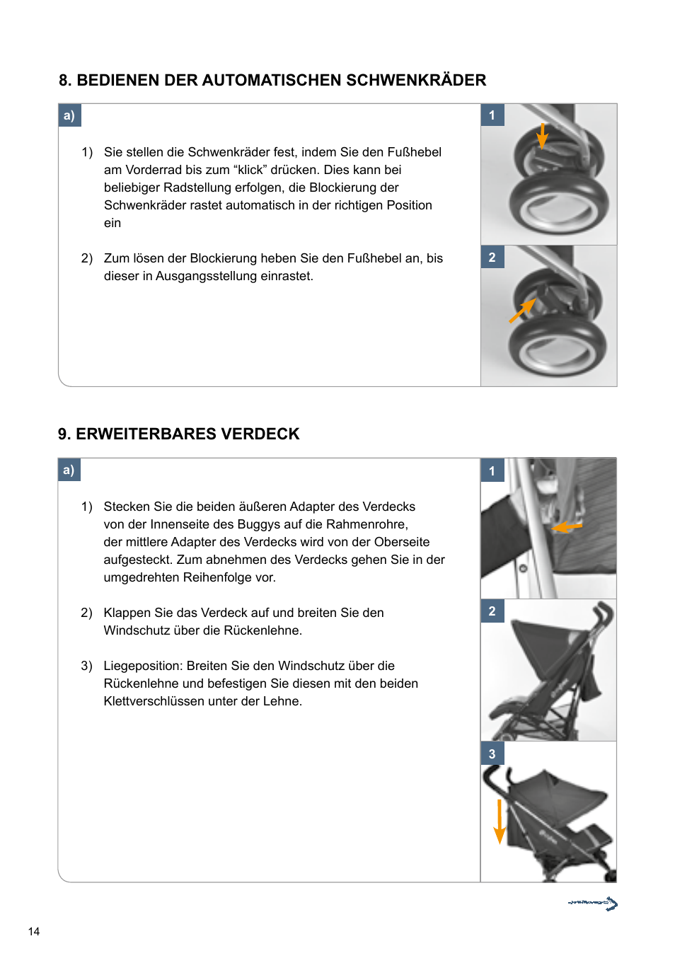 Erweiterbares verdeck, Bedienen der automatischen schwenkräder | Cybex TWINYX User Manual | Page 14 / 168