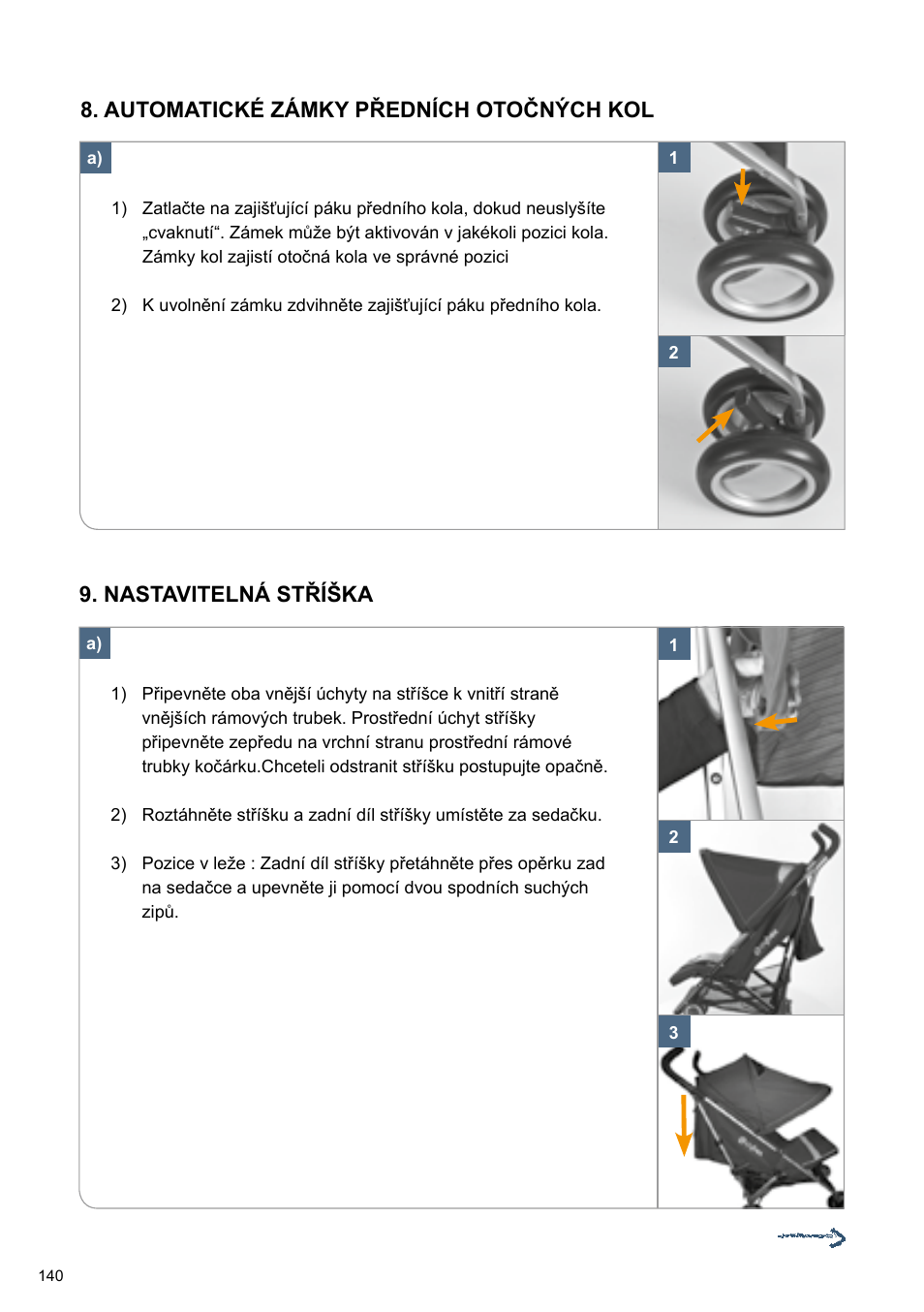 Nastavitelná stříška, Automatické zámky předních otočných kol | Cybex TWINYX User Manual | Page 140 / 168