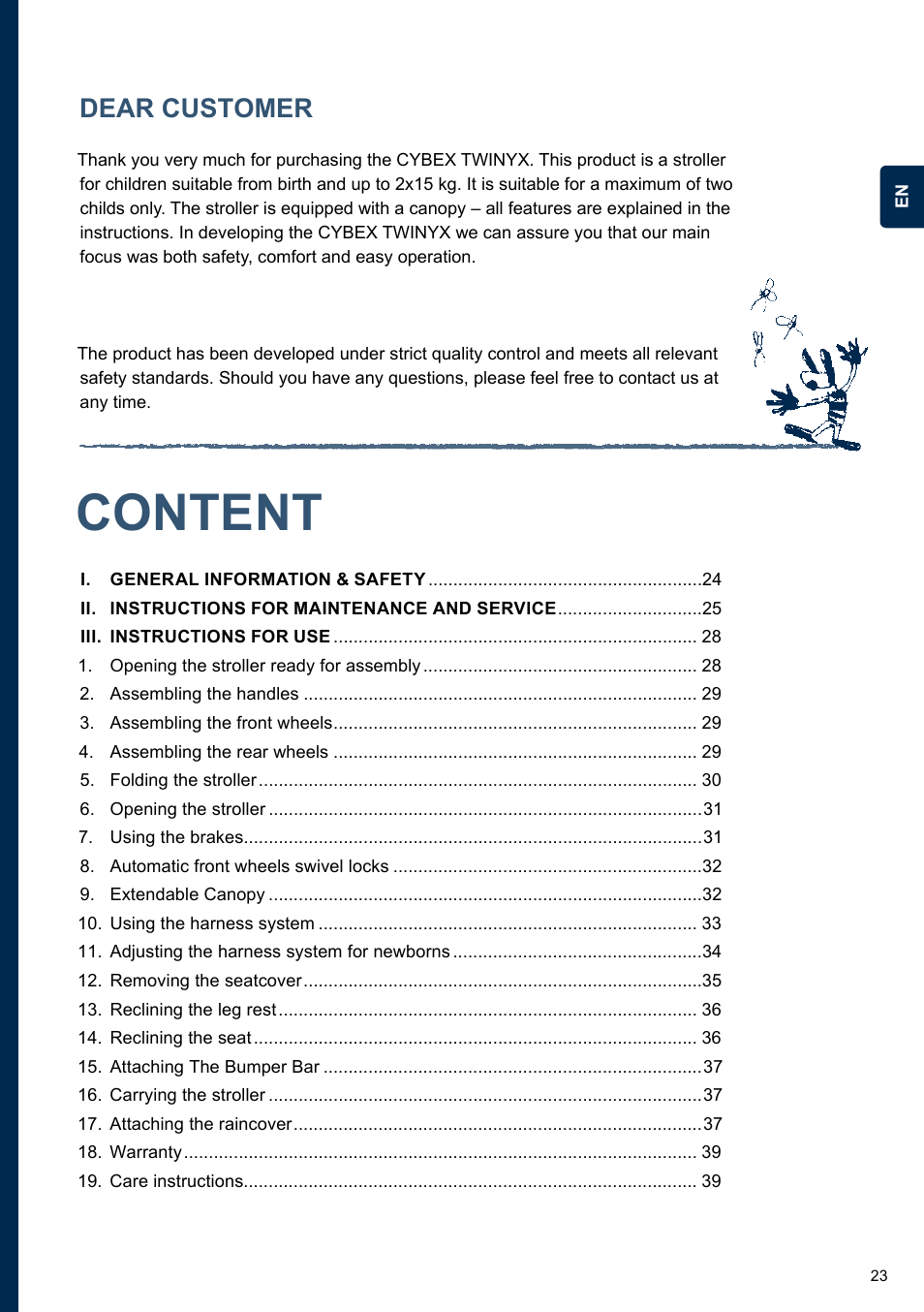 Content, Dear customer | Cybex TWINYX User Manual | Page 23 / 168