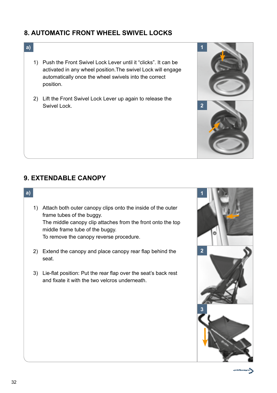 Extendable canopy, Automatic front wheel swivel locks | Cybex TWINYX User Manual | Page 32 / 168