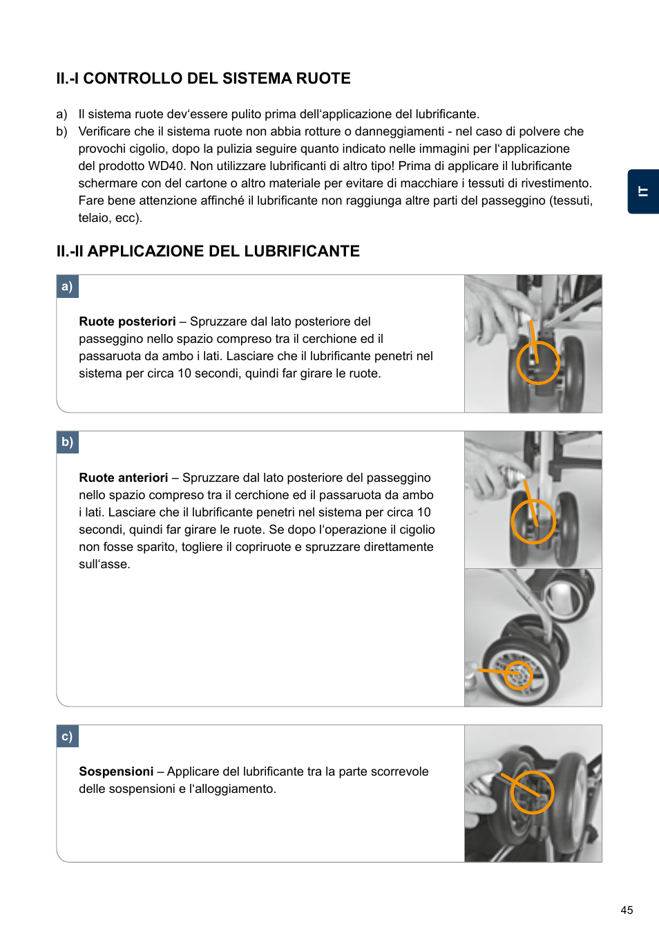 Ii.-i controllo del sistema ruote, Ii.-ii applicazione del lubrificante | Cybex TWINYX User Manual | Page 45 / 168