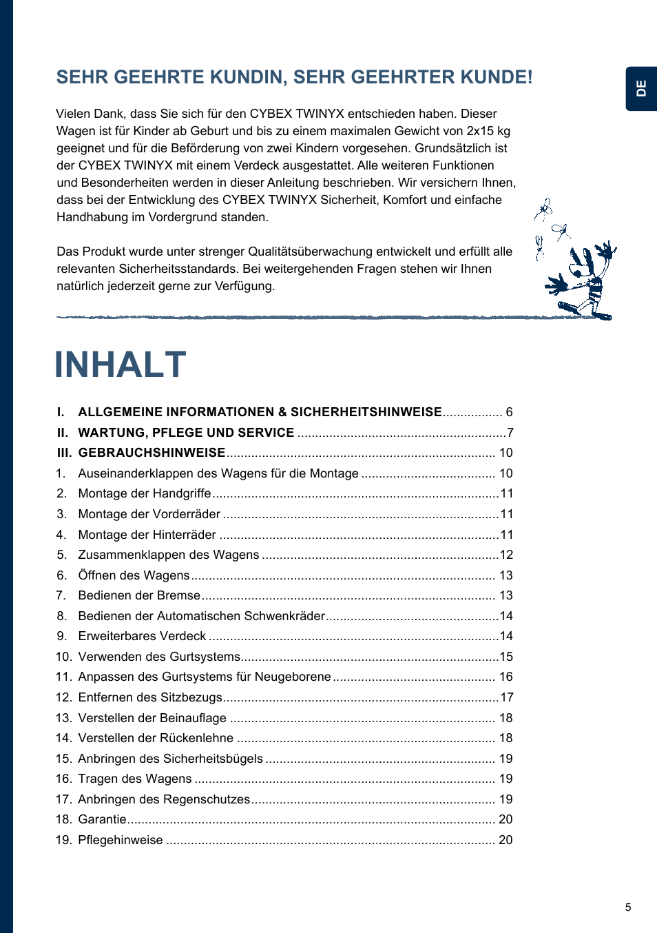 Inhalt, Sehr geehrte kundin, sehr geehrter kunde | Cybex TWINYX User Manual | Page 5 / 168