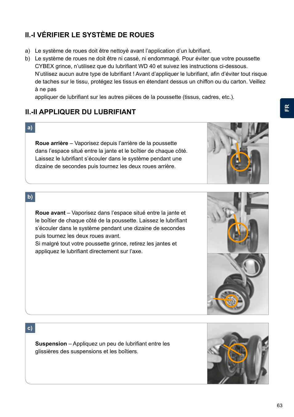 Ii.-i vérifier le système de roues, Ii.-ii appliquer du lubrifiant | Cybex TWINYX User Manual | Page 63 / 168