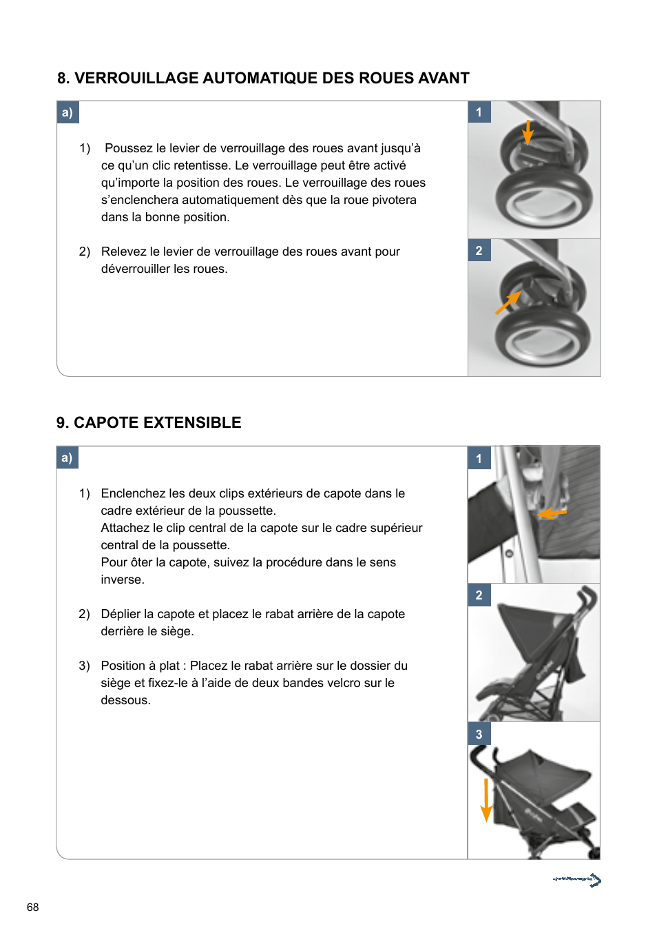 Capote extensible, Verrouillage automatique des roues avant | Cybex TWINYX User Manual | Page 68 / 168