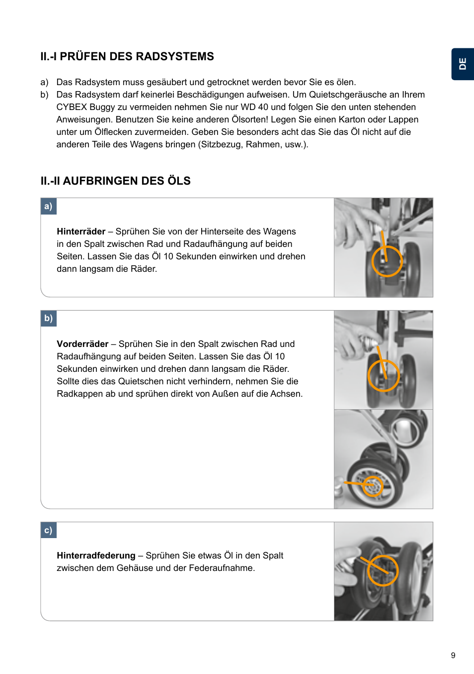 Ii.-i prüfen des radsystems, Ii.-ii aufbringen des öls | Cybex TWINYX User Manual | Page 9 / 168