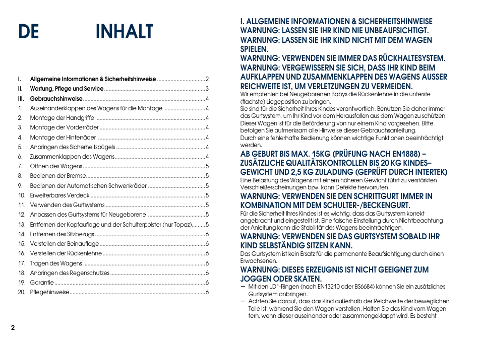 Inhalt | Cybex TOPAZ User Manual | Page 10 / 68