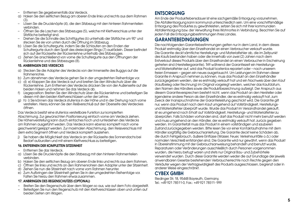 Entsorgung cybex gmbh, Garantiebedingungen | Cybex CALLISTO User Manual | Page 13 / 48