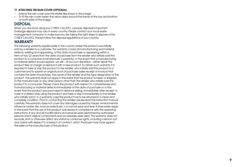 Disposal, Warranty | Cybex CALLISTO User Manual | Page 17 / 48