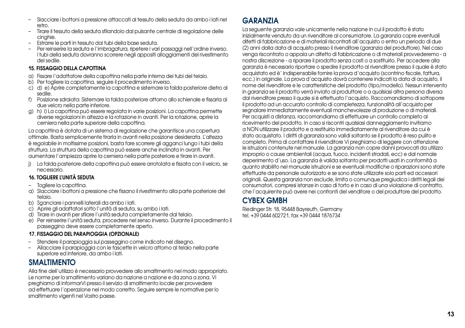 Smaltimento, Garanzia cybex gmbh | Cybex CALLISTO User Manual | Page 21 / 48