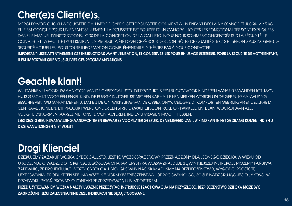Geachte klant, Cher(e)s client(e)s, Drogi kliencie | Cybex CALLISTO User Manual | Page 23 / 48
