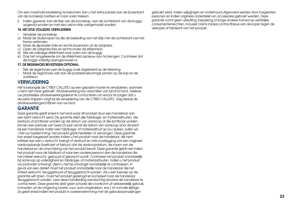 Verwijdering, Garantie | Cybex CALLISTO User Manual | Page 31 / 48