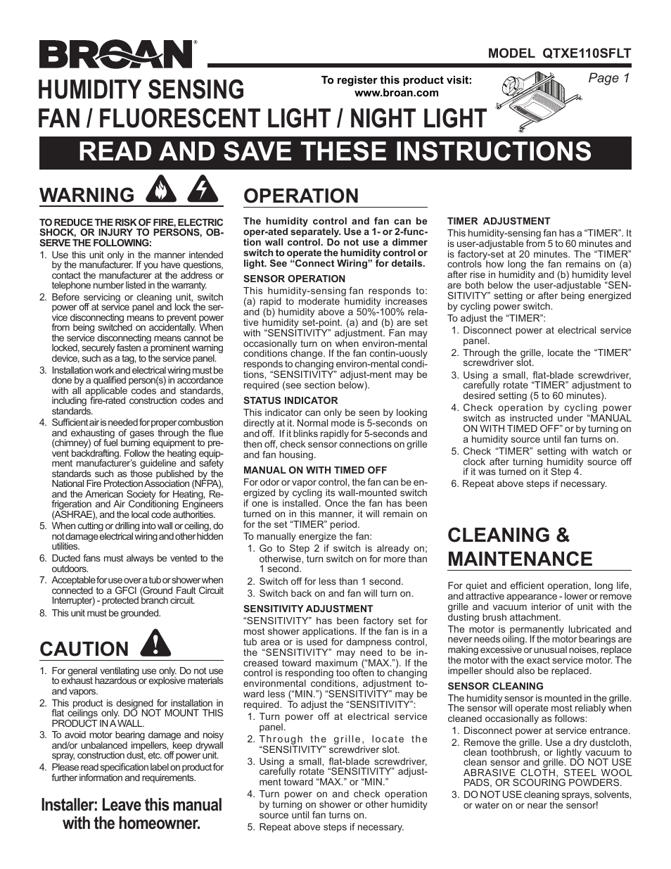 Broan QTXE110SFLT User Manual | 8 pages