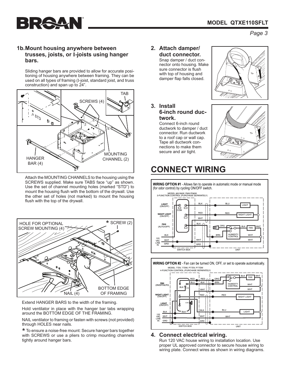 Connect wiring, Connect electrical wiring, Attach damper/ duct connector | Install 6-inch round duc- twork | Broan QTXE110SFLT User Manual | Page 3 / 8