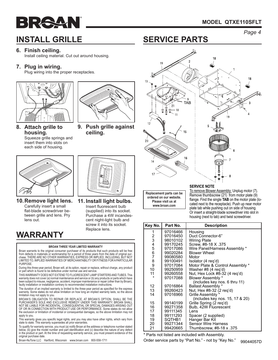 Service parts, Install grille, Warranty | Page  model qtxe110sflt, Finish ceiling, Plug in wiring, Attach grille to housing, Remove light lens | Broan QTXE110SFLT User Manual | Page 4 / 8