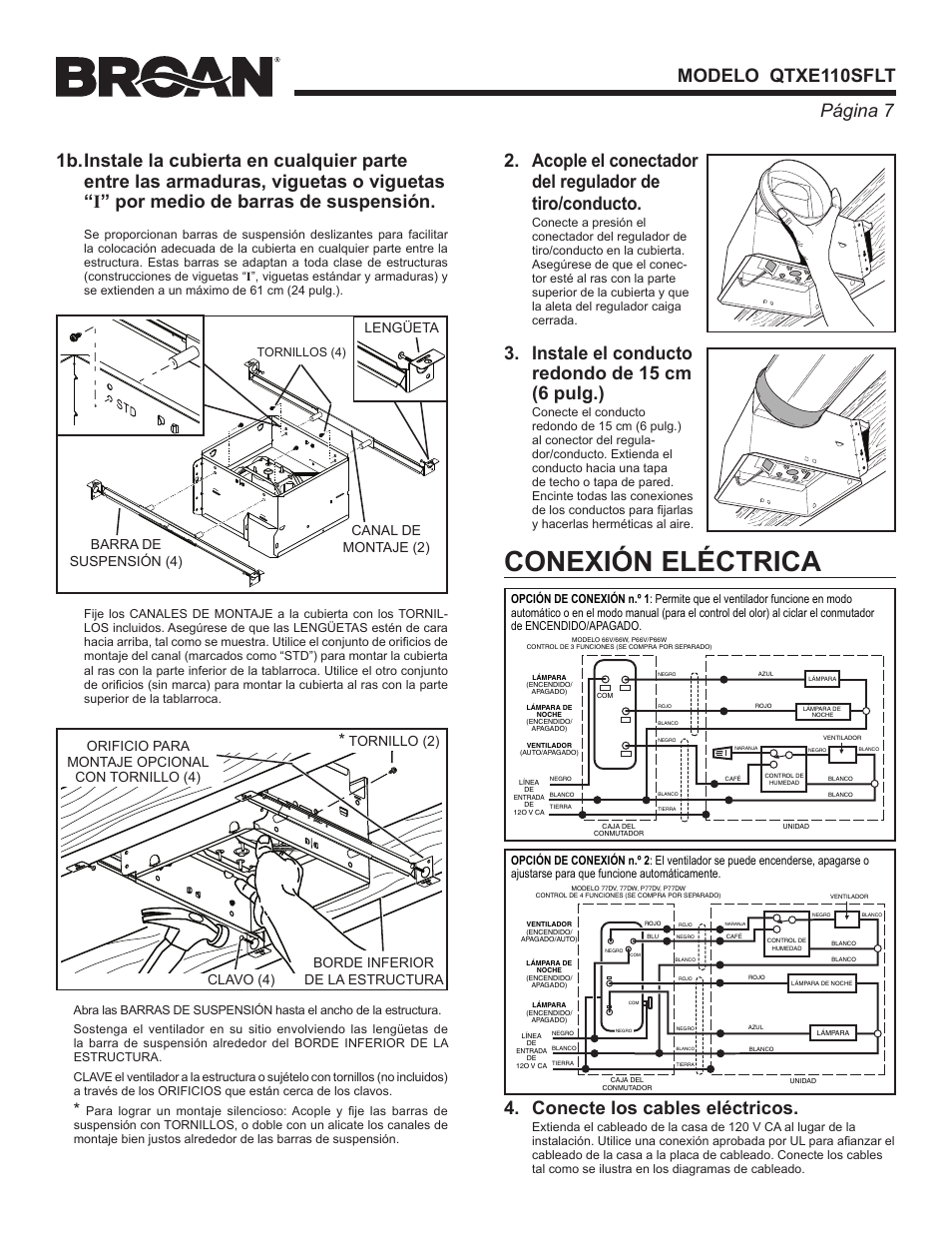 Conexión eléctrica, Instale el conducto redondo de 15 cm (6 pulg.), Barra de suspensión (4) | Canal de montaje (2) lengüeta | Broan QTXE110SFLT User Manual | Page 7 / 8