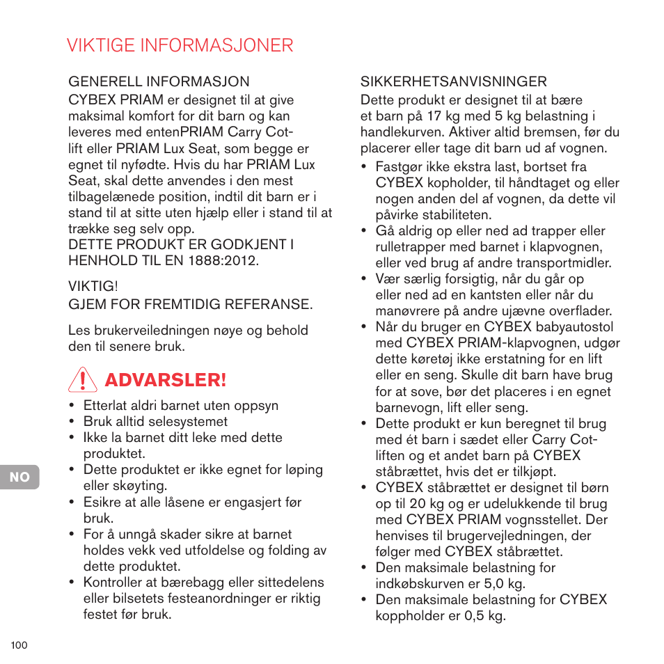 Viktige informasjoner, Advarsler | Cybex PRIAM FRAME User Manual | Page 100 / 119