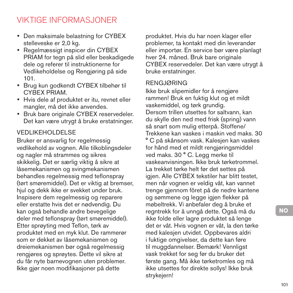 Viktige informasjoner | Cybex PRIAM FRAME User Manual | Page 101 / 119