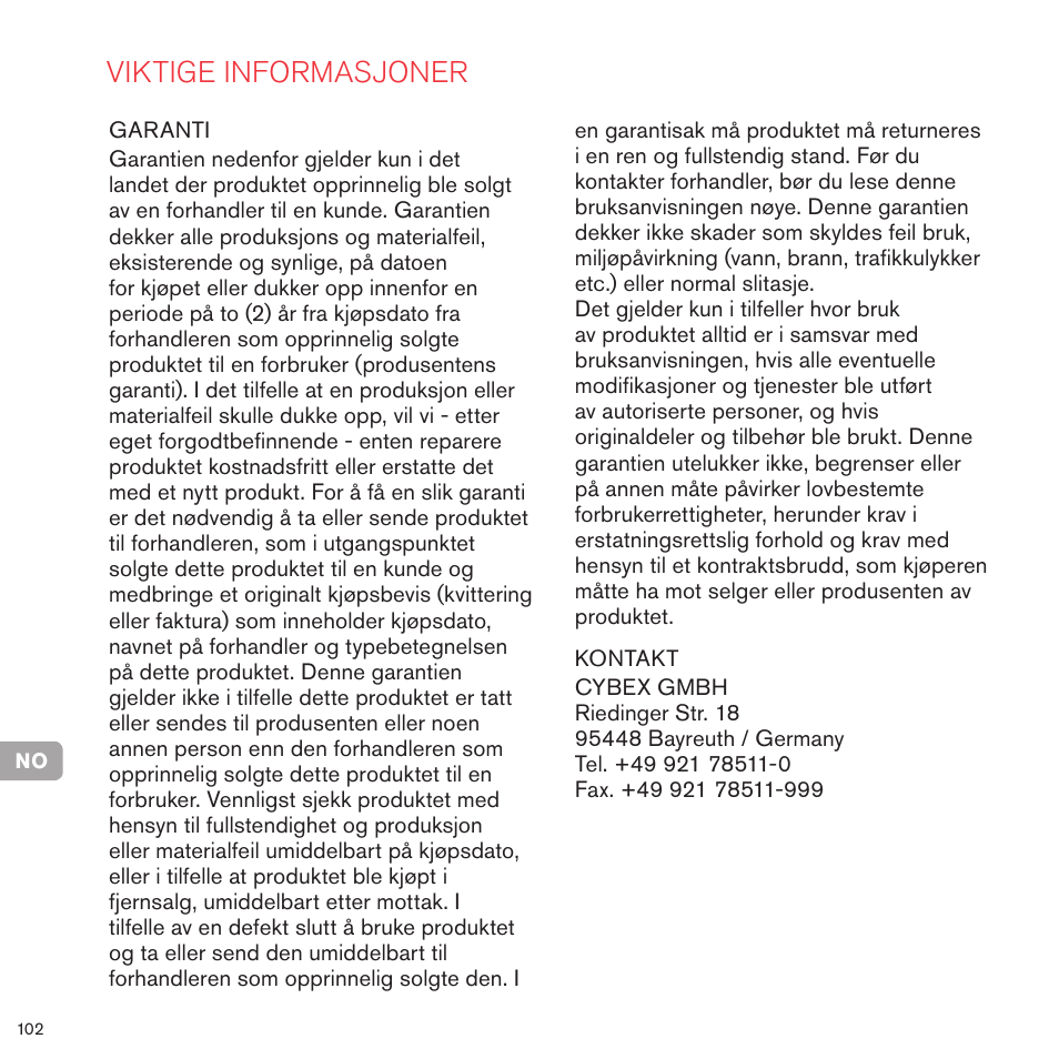 Viktige informasjoner | Cybex PRIAM FRAME User Manual | Page 102 / 119