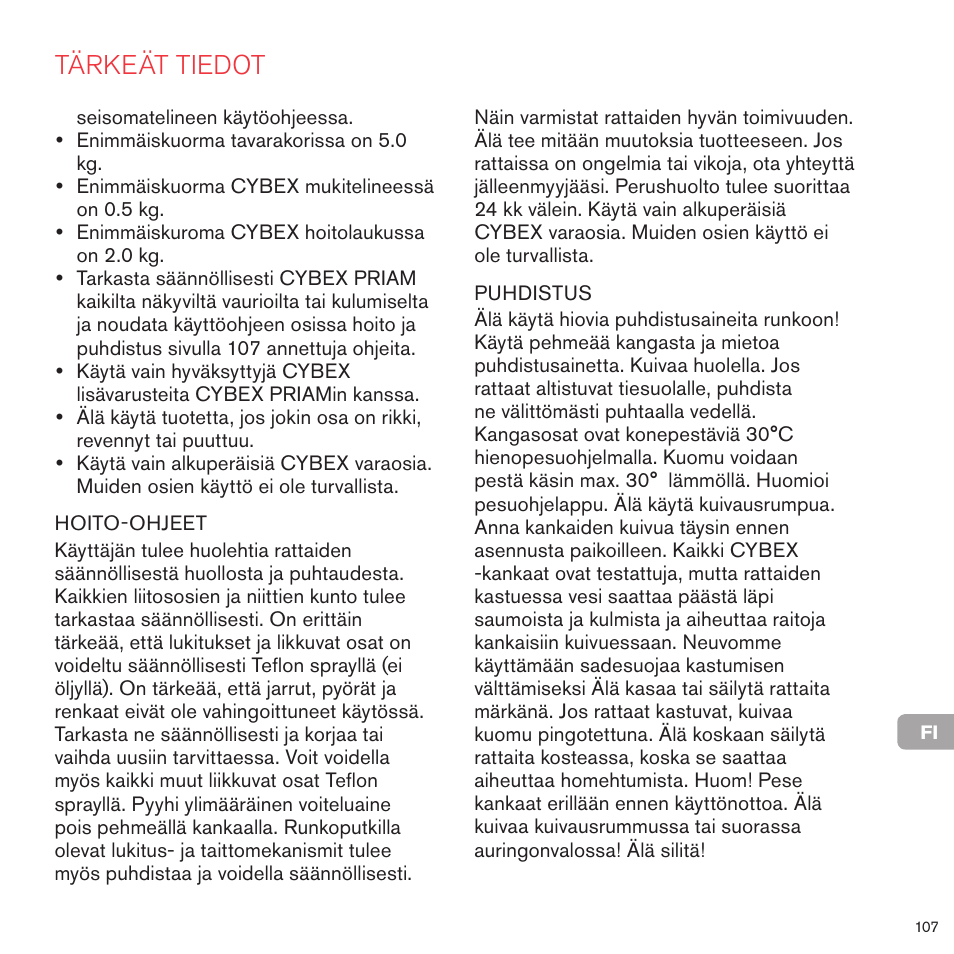 Tärkeät tiedot | Cybex PRIAM FRAME User Manual | Page 107 / 119