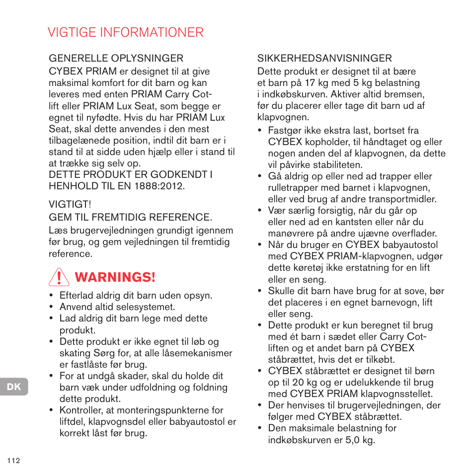 Vigtige informationer, Warnings | Cybex PRIAM FRAME User Manual | Page 111 / 119