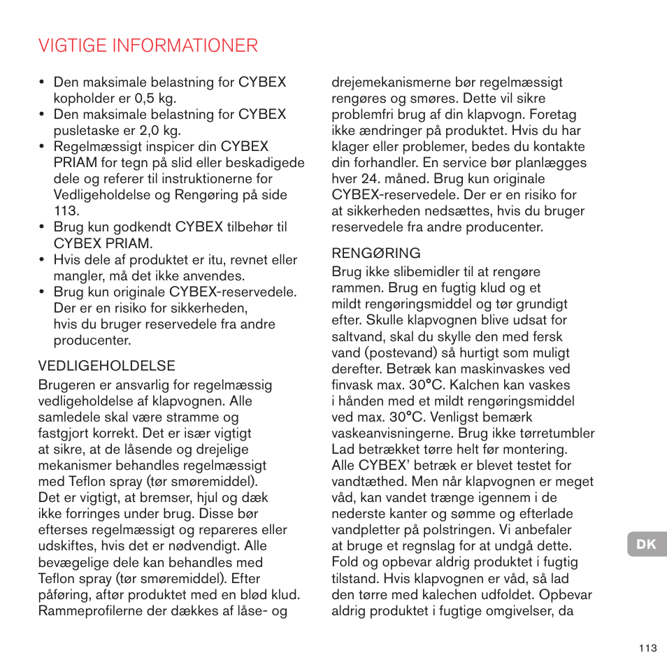 Vigtige informationer | Cybex PRIAM FRAME User Manual | Page 112 / 119