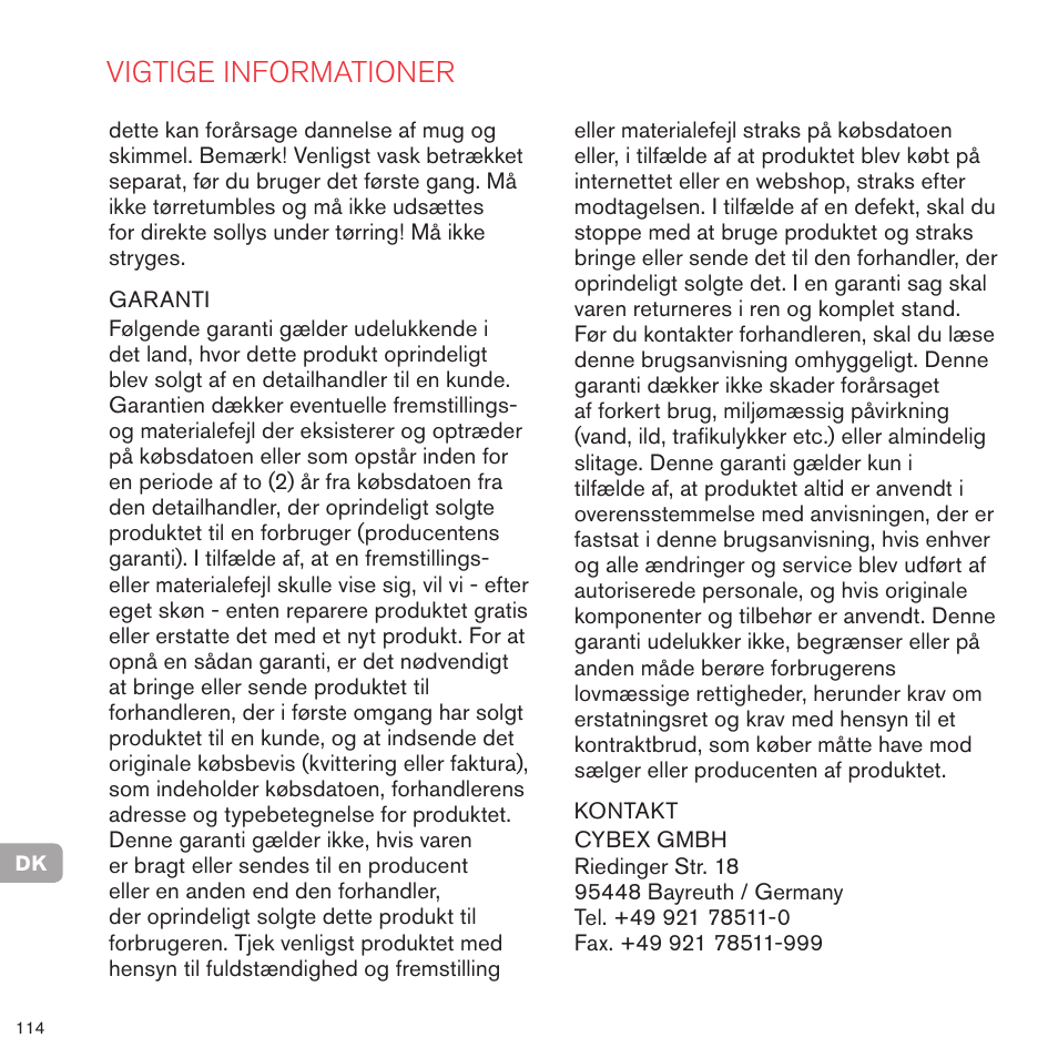 Vigtige informationer | Cybex PRIAM FRAME User Manual | Page 113 / 119