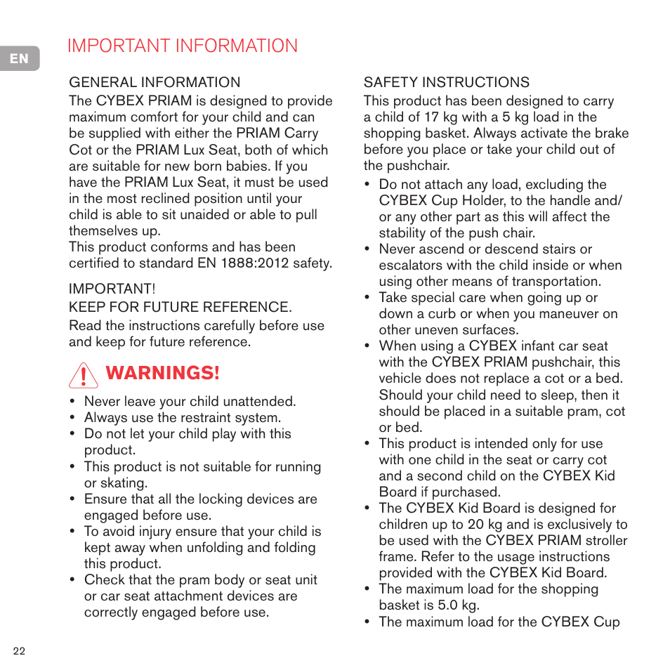 Important information, Warnings | Cybex PRIAM FRAME User Manual | Page 23 / 119