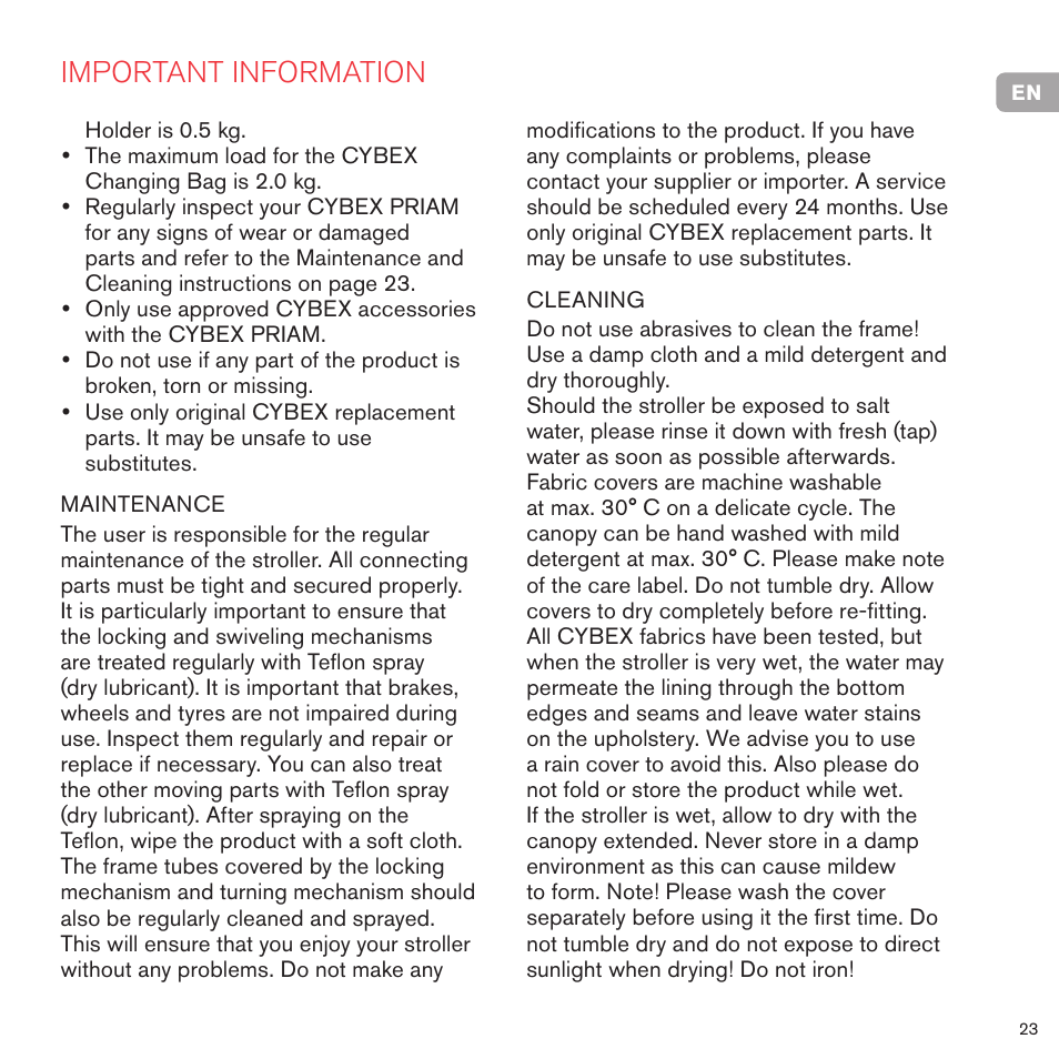 Important information | Cybex PRIAM FRAME User Manual | Page 24 / 119