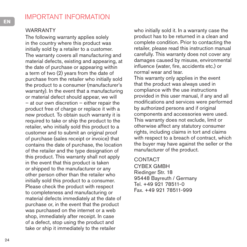Important information | Cybex PRIAM FRAME User Manual | Page 25 / 119