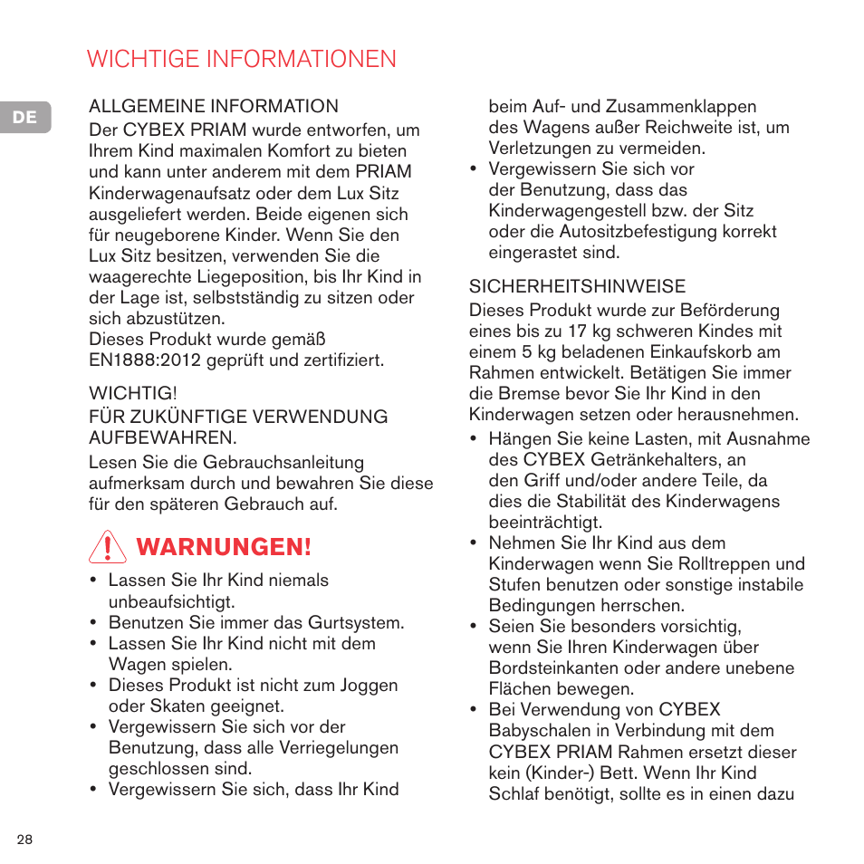 Wichtige informationen, Warnungen | Cybex PRIAM FRAME User Manual | Page 29 / 119