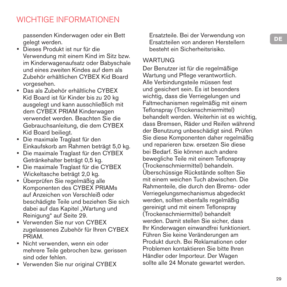 Wichtige informationen | Cybex PRIAM FRAME User Manual | Page 30 / 119