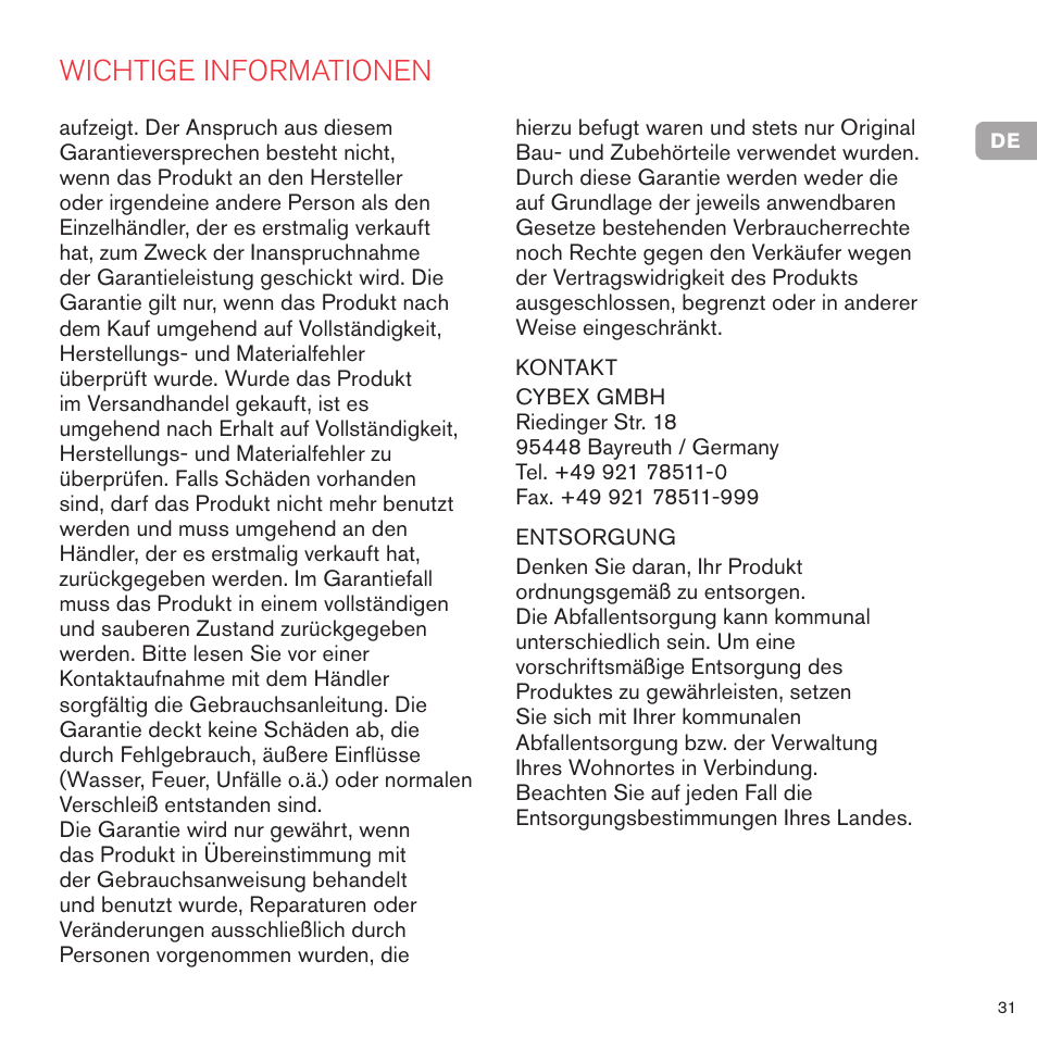 Wichtige informationen | Cybex PRIAM FRAME User Manual | Page 32 / 119