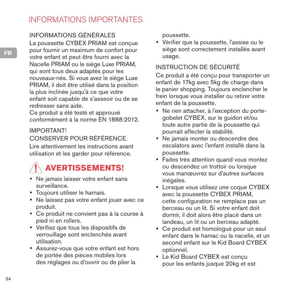 Informations importantes, Avertissements | Cybex PRIAM FRAME User Manual | Page 35 / 119